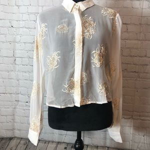Zara shear white gold floral embroidered top